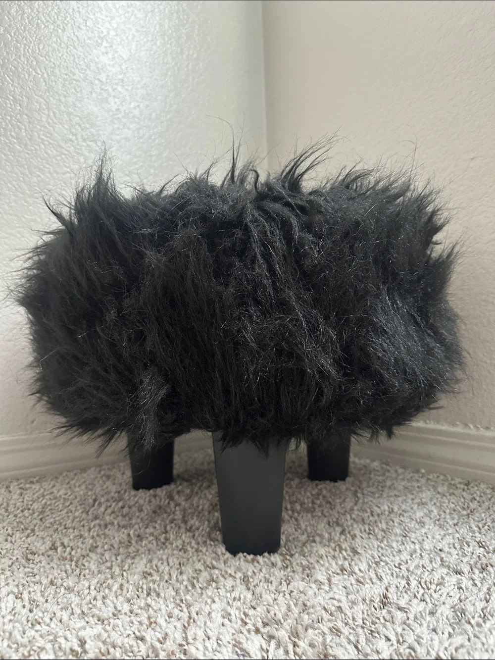 Fluffy 15” round 3 legs wood & fluff stool with faux black fur-great condition.